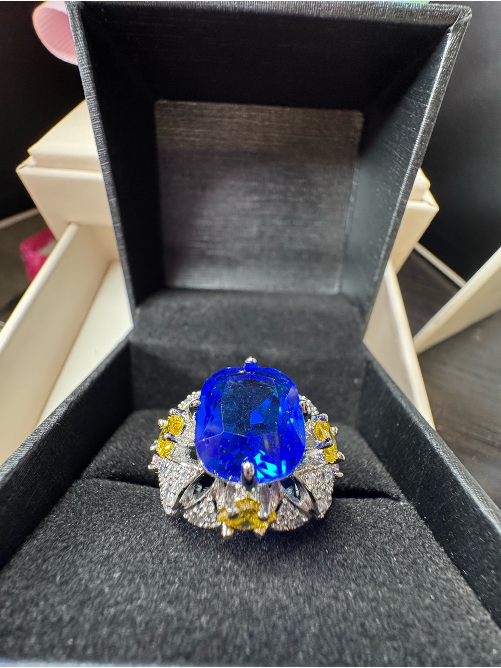 Blue Crystal Statement Ring with Yellow Accent Stones